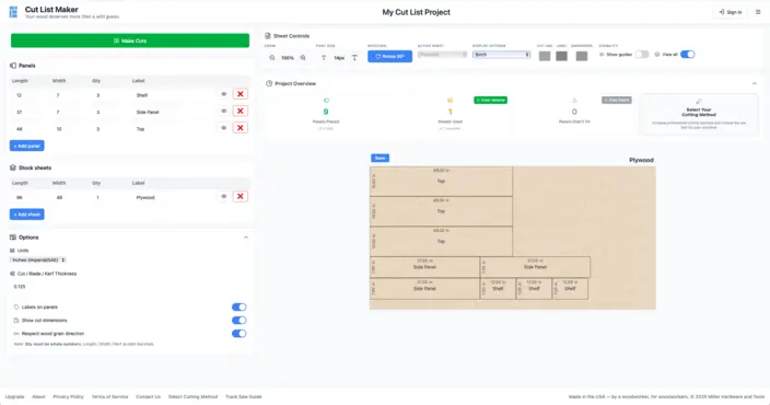Cut List Maker woodworking panel layout and plywood cut planning interface